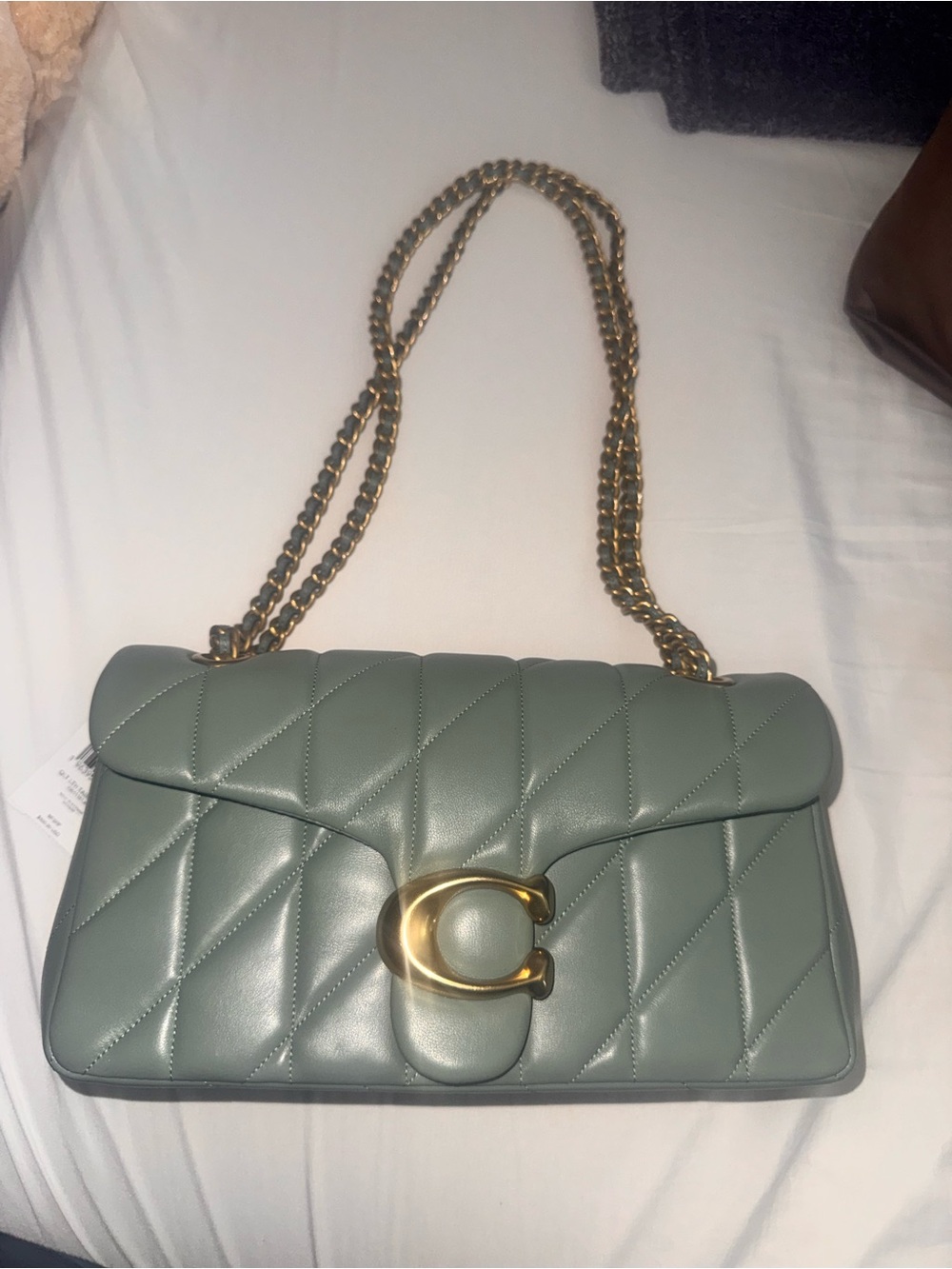Coach Quilted Shoulder Bag in Sage Green with Gold Hardware